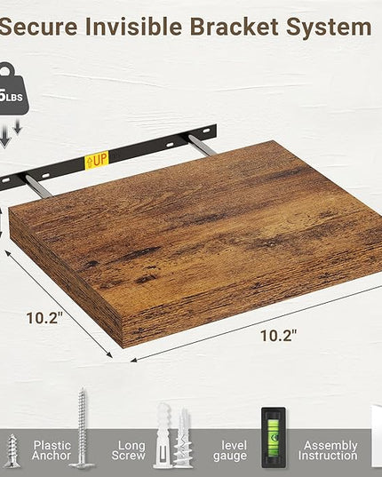 Vivelove 10 Inch Deep Floating Shelves 10 inch Long, 10 x 10 Wide Wall Shelves with Invisible Brackets, for Bedroom Bathroom Living Room Kitchen Office, Farmhouse Home Decor, Set of 2, Rustic Brown