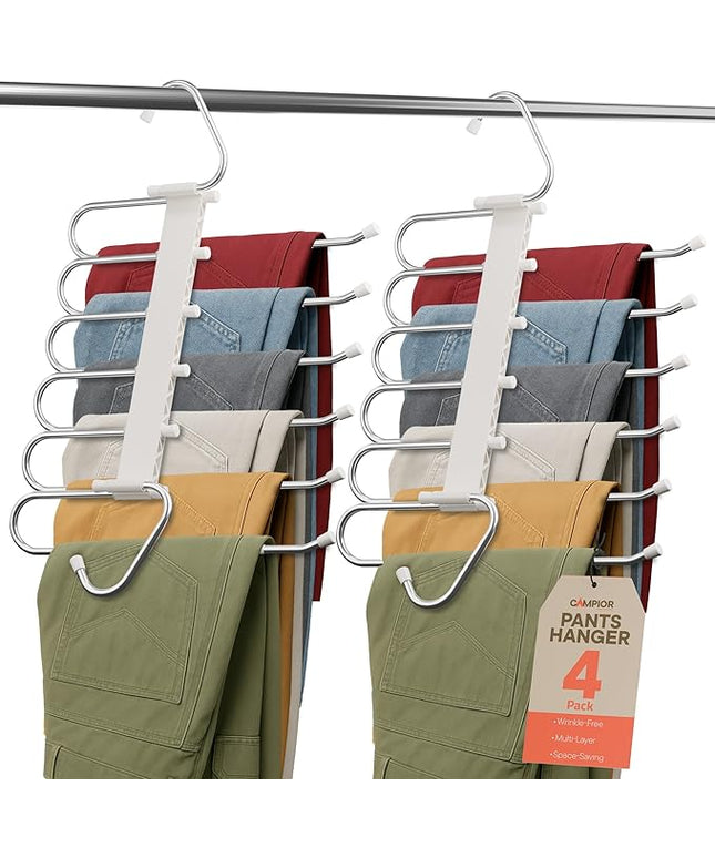 Space Saving Pants Hangers 4 Pack, 6 Layer Jeans Hangers and Closet Organizer for Jeans, Scarves, & Skirts, Multi-Layer Hanger with Anti-Slip Stopper, Heavy-Duty S-Type Stainless Steel, White