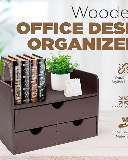 Besti Wooden Office Desk Organizer - Organizing Tool for Desktop, Cubicle, Bedroom, Kitchen - Vintage Style Organization Caddy with Top Tray Shelf & 3 Drawers - 13.6x9x7 Inches (Dark Brown)