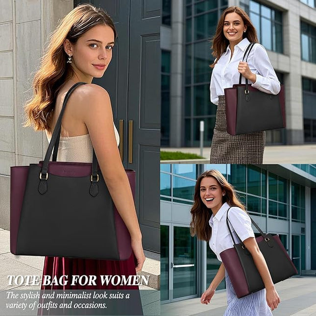 RAINSMORE Laptop Bag for Women 15.6 Inch Work Tote Bags Waterproof Computer Bags Leather Professional Laptop Purse Womens Laptop Briefcase Large Handbag for Office Teacher Travel, Black and Purple