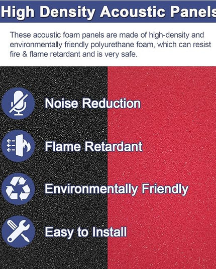 52 Pack Acoustic Foam Panels,1" x 12" x 12" Acoustic Wedge Studio Foam Sound Absorption Wall Panels (BLACK/RED)