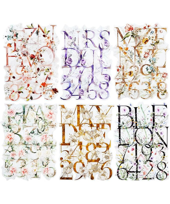 Miyouluna 216PCS Floral Alphabet & Number Stickers Set, Waterproof Letter PET Stickers for Scrapbooking, Journaling, DIY Crafts, Card Making