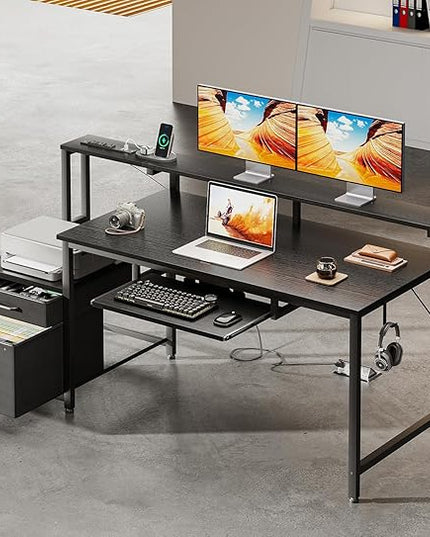 AODK Computer Desk with Drawers, 55" Office Desk with Keyboard Tray and Power Outlet, Reversible Study Work Desk with Printer Space and File Drawers Cabinet for Home Office, Black
