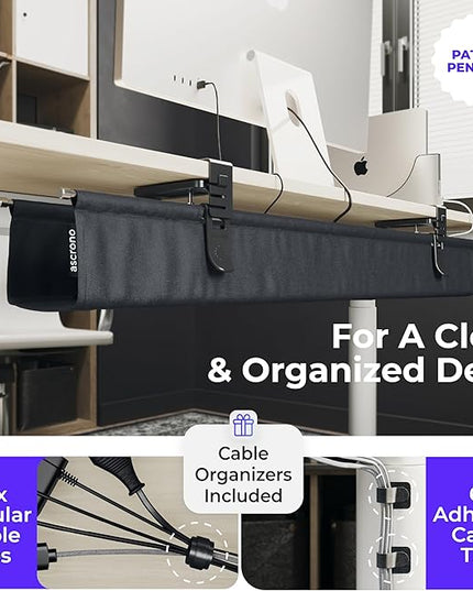 Ascrono Original No Drill Under Desk Cable Management Tray 14.1" - Premium Black Fabric Cable Management Under Desk - Clamp/Screw Mount Cord Organizer - Supports Upto 66lbs