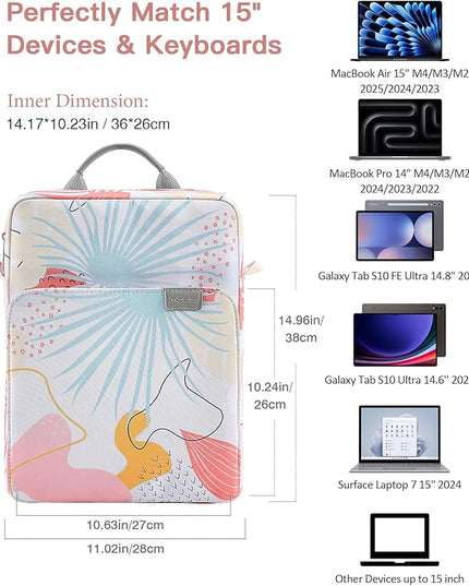 MoKo 15 Inch Laptop Sleeve Bag Fits MacBook Air 15" M2 2023, MacBook Pro 14" M2 2023, Galaxy Tab S9 Utra 14.6" 2023, Handle Carrying Case with Shoulder Strap, Tropical Leaf