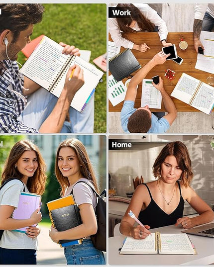 Hardcover Spiral Notebook Journal, 8"x10" Large B5 Notebooks with Removable Dividers Tabs, 300 Pages Leather 5 Subject Notebook College Ruled, Journal for Work School Note, 100 GSM Thick Paper,Black