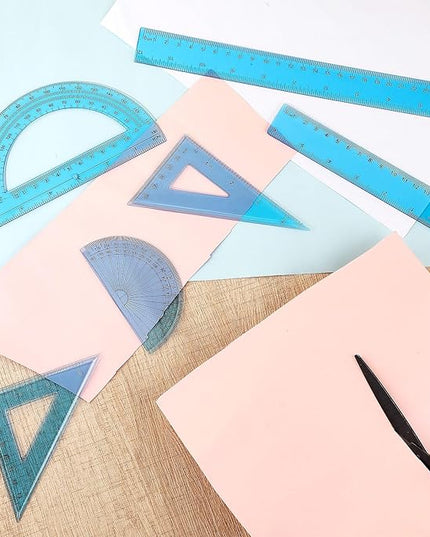 Tenare 1 Set Plastic Clear Math Set Includes Protractor Triangle Rulers 12 Inch 6 Inch Straight Geometry Math Transparent Ruler Measuring Tool for School Office Home Supplies(Blue)