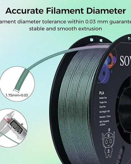 Sovol Silk PLA Filament with Green Glitter 1kg 1.75mm, Color Changeable 3D Printer Filament 2.2lbs, Chameleon Shiny PLA Material +/-0.03mm, Shimmering 3D Printing Filament, Galaxy Green