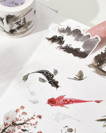 WT Ink Tranquility Washi Tape Sticker Set, 4 Rolls, Original Designs, Eastern Watercolor Koi Fish, Black & Red, Silver Foil Decorative Stickers for Bujo, Planner, Journals, DIY Crafts
