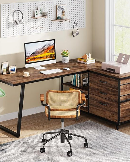 Tribesigns L-Shaped Computer Desk with 3 Drawers, Reversible Corner Home Office Desk with Shelves, 53-Inch Industrial PC Desk Study Writing Table Workstation for Small Space, Rustic Brown