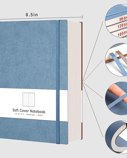 AHGXG Bullet Dotted Journal - Large A4 Notebook Dotted, 8.5''×11'', 320 Pages Dot Grid Notebook, 100gsm Thick Paper, Leather Softcover, with Journal Stencils, Inner Pocket - GrayBlue
