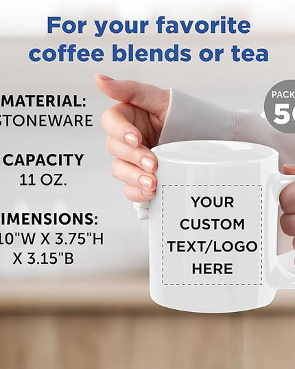 Custom Ceramic Coffee Mugs 11 oz. Set of 50, Personalized Bulk Pack - Coffee cup set, Iced coffee cup, Gaming mug - White