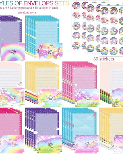 TaoBary 160 Pcs Stationery Paper Set 50 Double Sided Stationery Papers with 50 Matching Envelopes and 60 Round Dot Sticker, 10 Design(Unicorn,5.5 x 8.25 Inch)