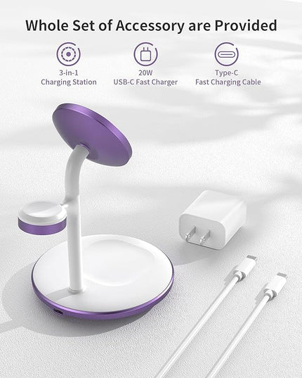 XooFly 3 in 1 Wireless Charging Station for Apple Devices, Fast Wireless Mag-Safe Charger Stand with 20W Adapter for iPhone 17/16 15 14 13 12 Pro Max/Pro/Plus/Air/Mini, iWatch, AirPods (Lavender)