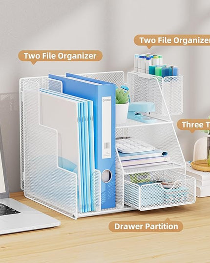 Marbrasse Desk Organizer and Accessories, 3-Tier File Organizer with Drawer and Pen Holder, Small Desktop Organizer and Storage for Workspace Office Supplies White