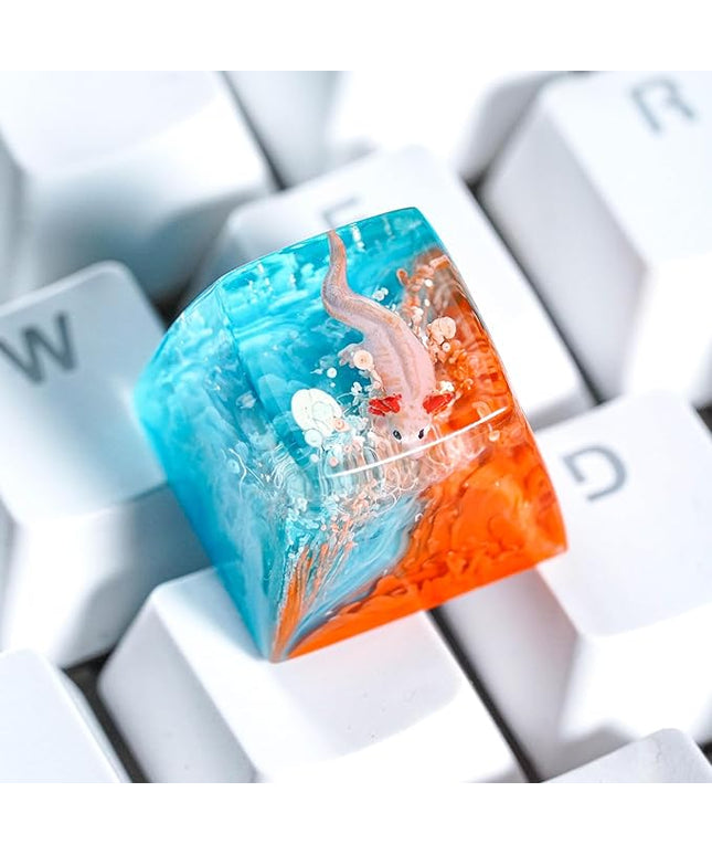 Cute Pink Axolotl in Blue and Orange R1 SA Profile Artisan Keycap Custom Animal Axolotl 1U ESC Handmade Resin Keycap Cherry MX Switch Mechanical Keyboard Gift for Axolotl Lover