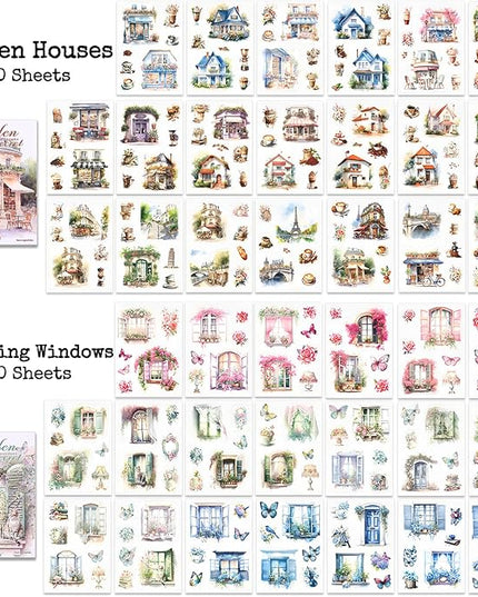 Knaid Scenery Sticker Set (490+ Pieces, 80 Sheets) 4 Pack Sticker Books Blooming Windows, Garden Houses, Enchanted Forest, Garden Fences Journaling Stickers for Scrapbook Bullet Junk Journals Planner