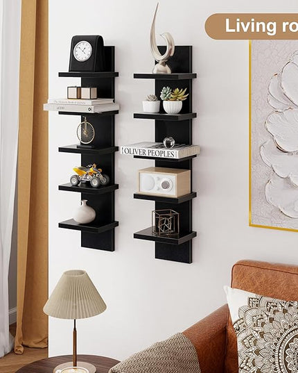 Fun Memories 5 Tier Wall Shelf Unit, Black Floating Shelves for Storage - Vertical Column Tower Design, Lack Wall Shelf Space Saving Organizer for Bedroom, Living Room, Home Decor， 2Pack