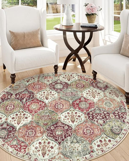 Lahome Moroccan Trellis Round Area Rugs, Washable Small Round Rug 3ft Non-Slip, Soft Vintage Ultra-Thin Circle Carpet for Bedroom Entryway Kitchen Laundry Bathroom, Orange/Terracotta