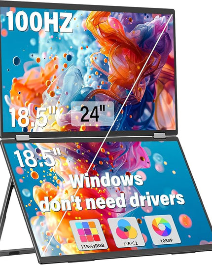InnoView 18.5" 100Hz Dual Portable Monitor Built-in Speakers 115% sRGB 315°Adjustable Dual Stacked Folding Monitor (Wins/Mac) 1080P Laptop Screen Extender for Laptop(No Driver Needed)