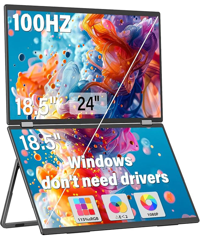InnoView 18.5" 100Hz Dual Portable Monitor Built-in Speakers 115% sRGB 315°Adjustable Dual Stacked Folding Monitor (Wins/Mac) 1080P Laptop Screen Extender for Laptop(No Driver Needed)