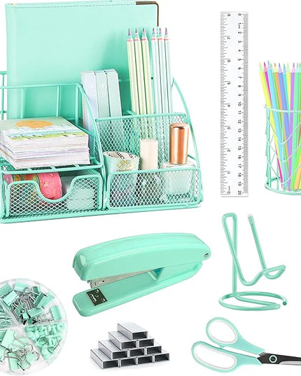 Green Desk Organizers and Accessories Office Supplies Set Stapler, Pen Holder, Phone Holder, Scissors, Pen, Ruler, 30 Paper Clips, 22 Binder Clip, 20 Tacks and 1000pcs Staples