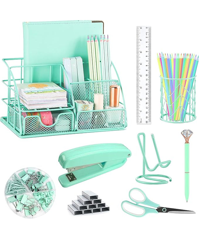 Green Desk Organizers and Accessories Office Supplies Set Stapler, Pen Holder, Phone Holder, Scissors, Pen, Ruler, 30 Paper Clips, 22 Binder Clip, 20 Tacks and 1000pcs Staples