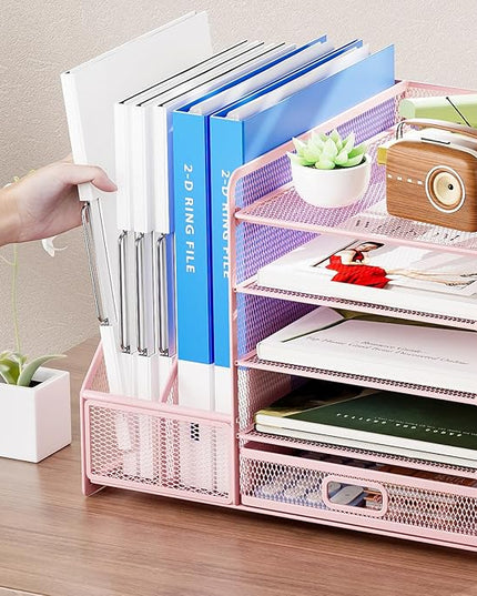 Marbrasse Desk Organizer with File Holder, 5-Tier Paper Letter Tray Organizer with Drawer and 2 Pen Holder, Mesh Desktop Organizer and Storage with Magazine Holder for Office Supplies(Pink)