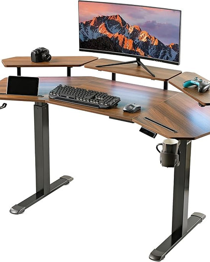 EUREKA ERGONOMIC Standing Gaming Desk with Dual Motor,63" Wing Shaped Computer Desk w Mouse Pad, Electric Adjustable Height Table w LED Monitor Stands,Slot Design,Walnut