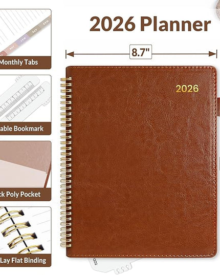 SUNEE 2026 Planner, Weekly and Monthly Calendar Planner 9"x11.2"- 12 Month (January 2026 - December 2026), Vegan Leather Cover, Pocket, Bookmark, Notes, Monthly Tab, Brown