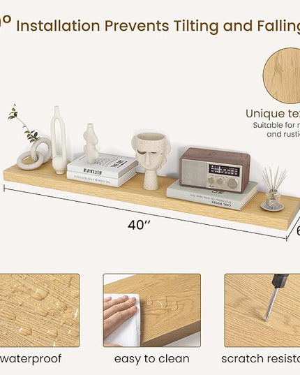 Dreamland 40Inch Floating Shelves for Wall, Rustic Wooden Storage Shelf for Living Room, Kitchen, Farmhouse, Wall Mounted Display Shelving with Invisible Heavy-Duty Metal Bracket, Set of 2 - Oak