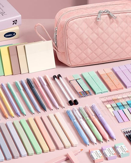 62PCS Aesthetic School Supplies with Cute Pencil Case, Pastel Highlighters Black Ink Gel Pens Mechanical Pencils Kit, Back to School Supplies College Essentials Preppy Stationary Set for Student Girls