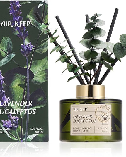 Airkeep Reed Diffuser Set with 6.76 fl oz Lavender Eucalyptus Scent Essential Oils and 3 Leaves & 8 Diffuser Sticks,Bathroom Shelf Decor & Air Freshener, House Bedroom Office Decor & Gifts