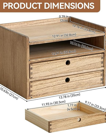 KIRIGEN Desktop Organizer Cabinet With 2 Drawers & Tray - Wood Office Desk Storage Shelf for Office Supplies - Small Cabinet for Countertop Accessories Storage 3 Layer Dark Brown（DT3D2C-DBR）