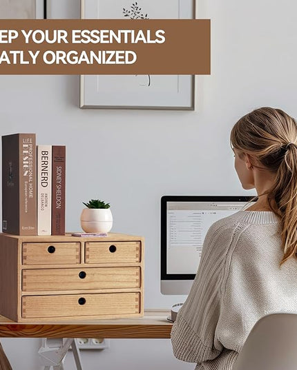 Kirigen Natural Wood Desktop Organizers with Drawers - Home Workspace Office Supplies Wooden Storage Box Shelf Case - Hold Makeup Box (NA, 3-Layer &4 Drawers)
