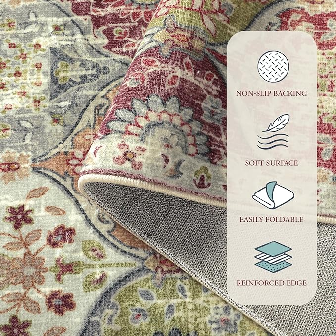 Lahome Moroccan Machine Washable Rugs for Living Room, 4x6 Rug for Bedroom Non-Slip Vintage Trellis Ultra-Thin Throw Carpet for Dining Room Office Nursery, Orange/Terracotta