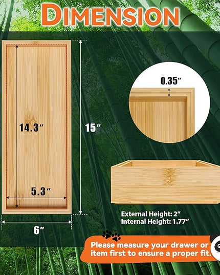 Bamboo Kitchen Drawer Organizer, Stackable Utensil Holder Silverware Organizer Cutlery Tray - 2PCS Organizer Bins for Makeup Jewelries Flatware in Bathroom, Office Desk, Cabinets, 15x6x2 inch