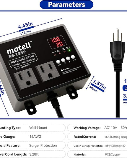 matell Refrigerator Surge Protector, Double Outlet Voltage and Current Protector for Home Appliances with Time Delay, Spike, Instant Surge All Voltage Abnormalities,Protects Against Brownout