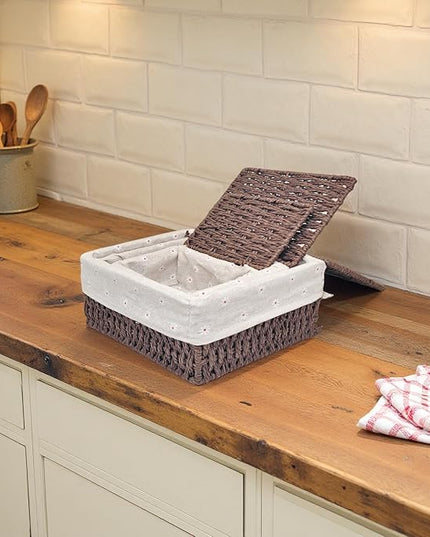 GIB Wicker Woven Storage Baskets with Lids Set of 3 Size, Decorative Paper Rope Small Nesting Baskets Removable Liner Container Bins for Shelves Pantry Table Keys Gifts Makeup Organizer, Brown