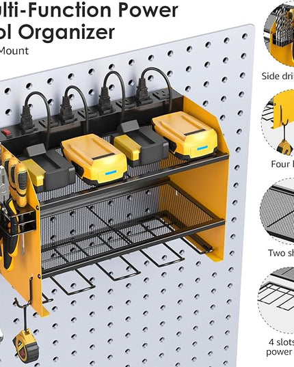 CCCEI Modular Power Tool Organizer Wall Mount with Charging Station. Garage Drill Storage Shelf with Hooks, Heavy Duty Rack, Tool Battery Holder Built in 8 Outlet. Gift for Men. Yellow, 1 Pack.