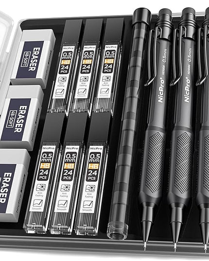Nicpro HD1000 0.5 mm Art Mechanical Pencil Set in Case, 3 PCS Weatherproof Mechanical Pencils with 6 Tube HB Refills, Eraser, Weatherproof Barrel for Outdoor Writing Marking Drafting Drawing Sketching