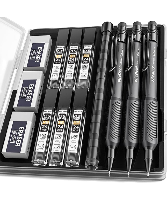 Nicpro HD1000 0.5 mm Art Mechanical Pencil Set in Case, 3 PCS Weatherproof Mechanical Pencils with 6 Tube HB Refills, Eraser, Weatherproof Barrel for Outdoor Writing Marking Drafting Drawing Sketching