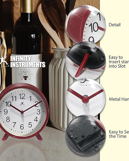 Infinity Instruments Plastic 5.75" Indoor Tabletop Alarm Clock with Quartz Movement for Accurate Time Keeping, Red