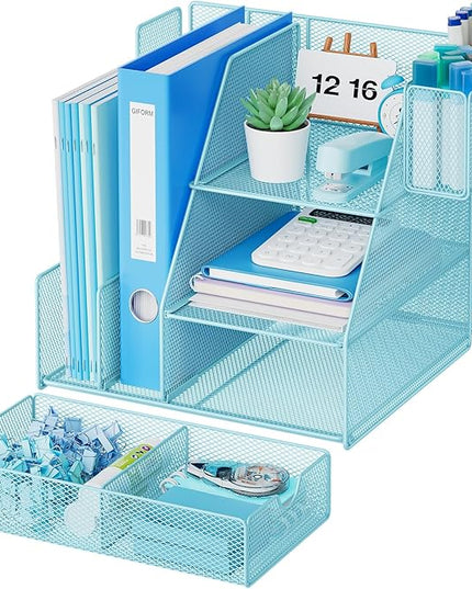 Marbrasse Desk Organizer and Accessories, 3-Tier File Organizer with Drawer and Pen Holder, Small Desktop Organizer and Storage for Workspace Office Supplies Blue