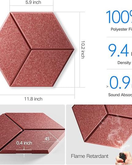 12 Pack Self-Adhesive Acoustic Panels 12" X 10" X 0.4" - Sound Proof Foam Panels with High Density, Y-Lined Design, Flame Resistant, Absorb Noise and Eliminate Echoes(Red)