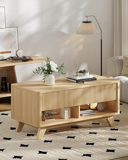 ONBRILL Farmhouse Lift Top Coffee Table, Mid Century Modern Coffee Table with Hidden Storage Compartment, Fluted Rising Pull up Wood Modern Center for Living Room, Office, Natural