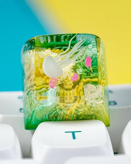 Jellyfish Artisan Keycap Yellow Green Coral Reef R1 SA Profile Custom Sea Creature Keycaps 1U ESC Handmade Gaming Resin Key Cap Cherry MX Switch Compatible Mechanical Keyboard Jellyfish Lover Gift