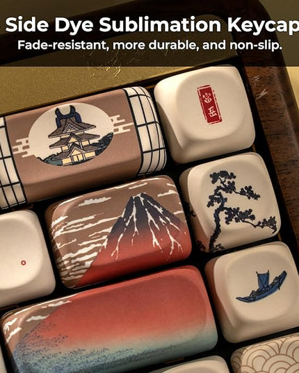 OHY XVX MOA Profile Japanese Fuji Mountain Theme PBT Keycaps Set, 140-Key Coffee & Cream Custom Keycaps for US Layout Mechanical Keyboards (Brown/Beige Design with Key Puller)