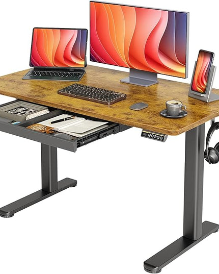 YDN Standing Desk with Drawers, Electric Adjustable Height 48 x 24 Inch Stand Up Desks for Home Office, Rustic Brown