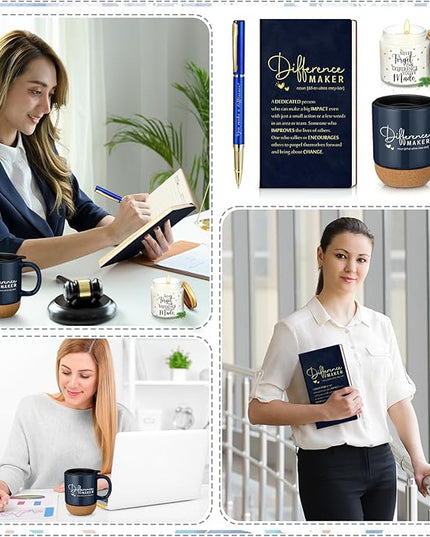 4 Pcs Difference Maker Gift for Women Men Teacher Employee Appreciation Gift for Coworker Staff Coach Difference Maker Mug Notebook Scented Candle Motivational Ballpoint Pen for Valentines(Navy Blue)